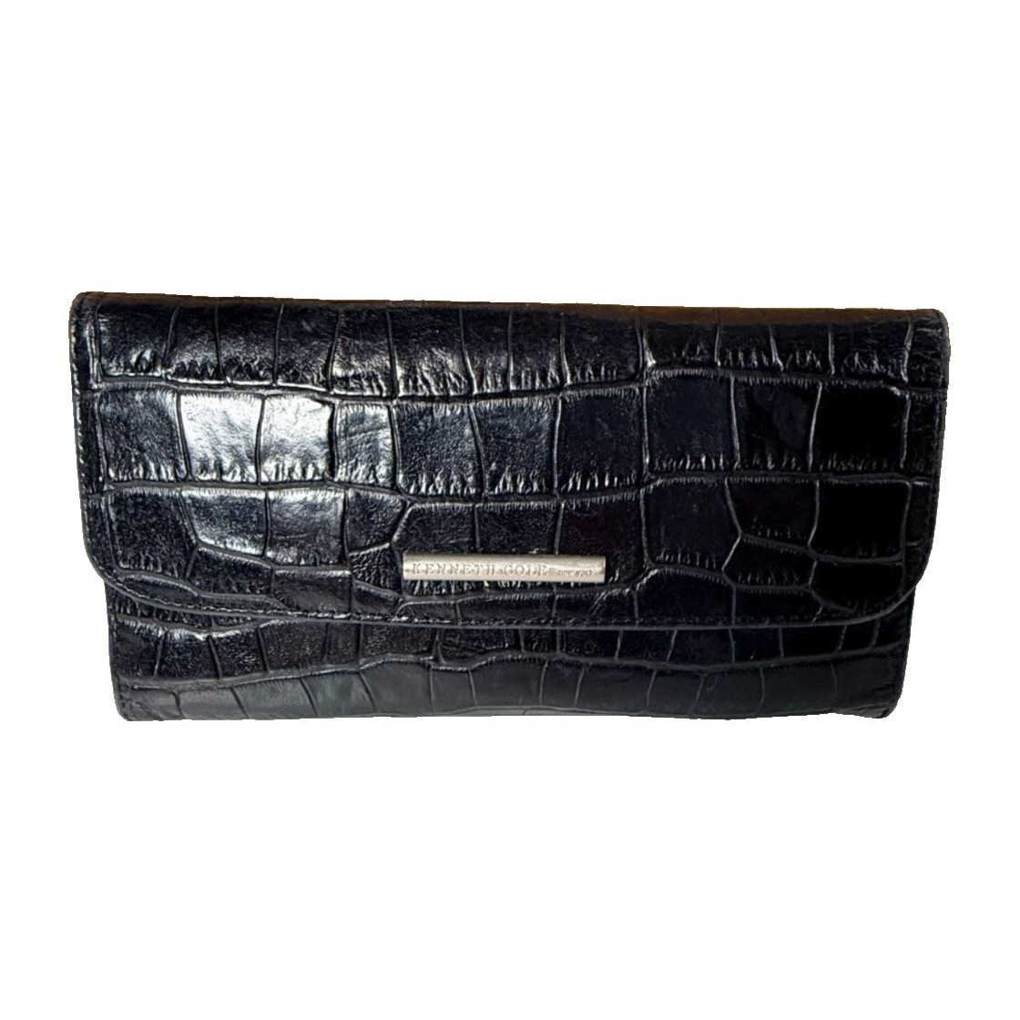 Kenneth Cole New York Black Leather Croc Embossed Tri-Fold Wallet Classic